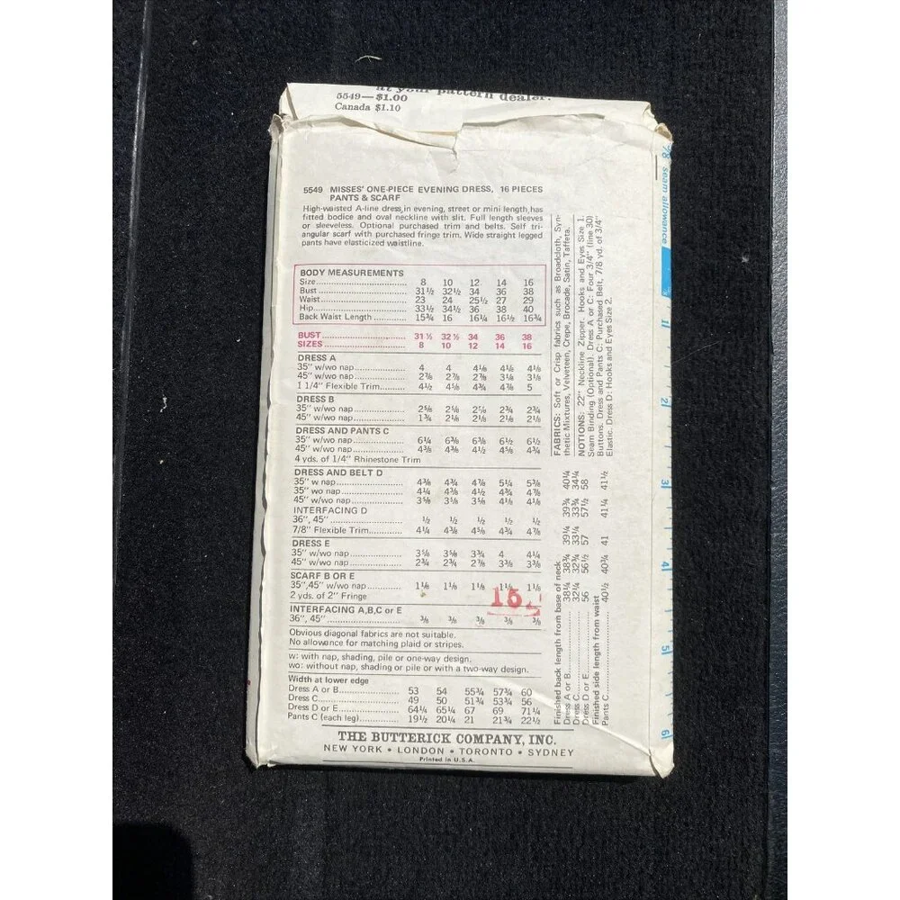 Butterick Pattern 5549 Misses One Piece Evening Dress Pants Scarf Size 8 Vintage
